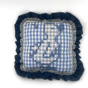 Cross Stitch Ruffled Trim Blue White Plaid Square Pillow Chicken Duck Cottage
